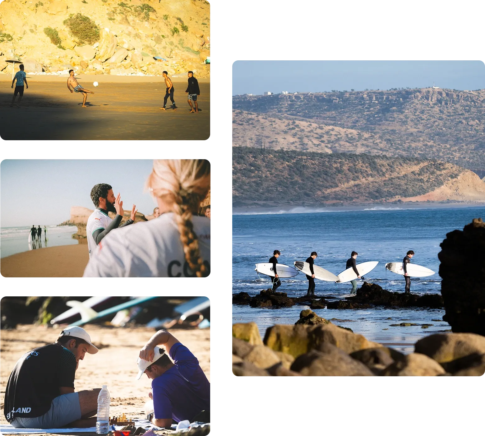 Surfers enjoying lessons and community activities at Moroccan Surf House in Imsouane, Morocco.