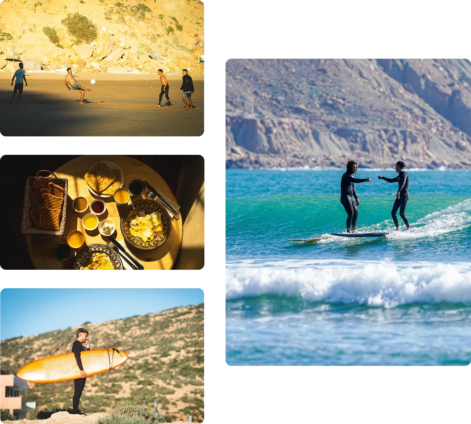 Surfers enjoying waves at Imsouane surf camp with Moroccan cuisine and community activities.