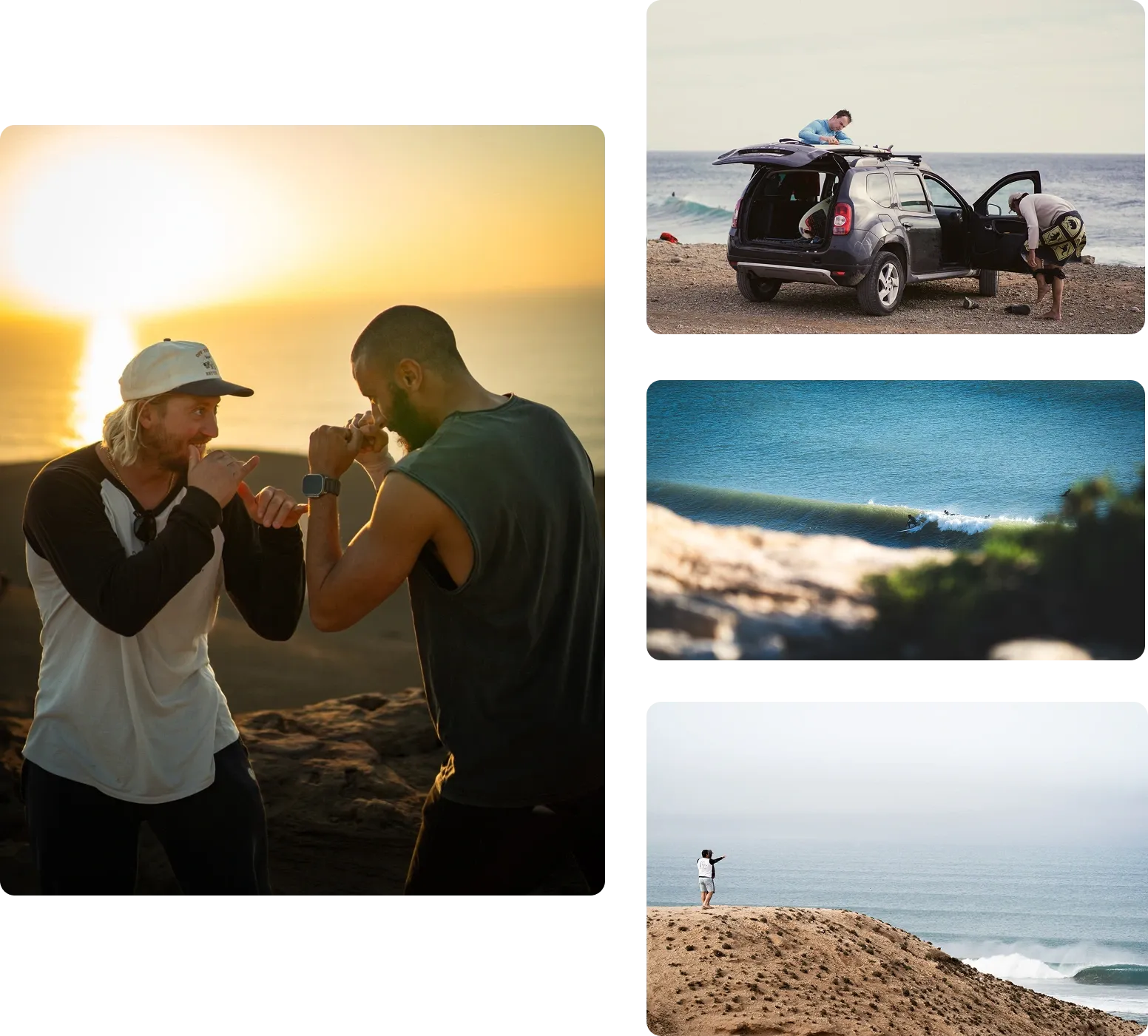 Deux surfeurs discutent au coucher du soleil à Imsouane.